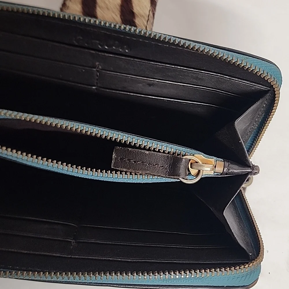 Boden Rare Vintage 100% Hair & Cowhide Leather Zebra Unisex Wallet Teal Accents